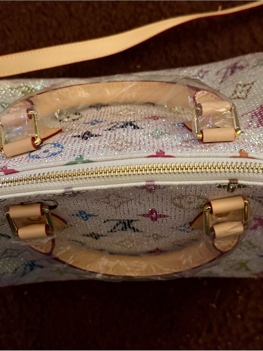 White Multicolor Canvas Satchel with Natural Leather Handles - Picture 3 of 11